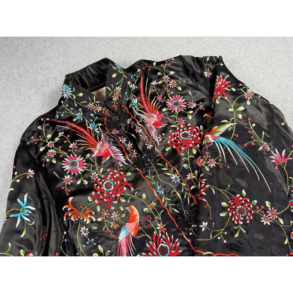 Vintage Plum Blossom Black Silk Blend Hand Embroidered Bird Floral Jacket Size L
